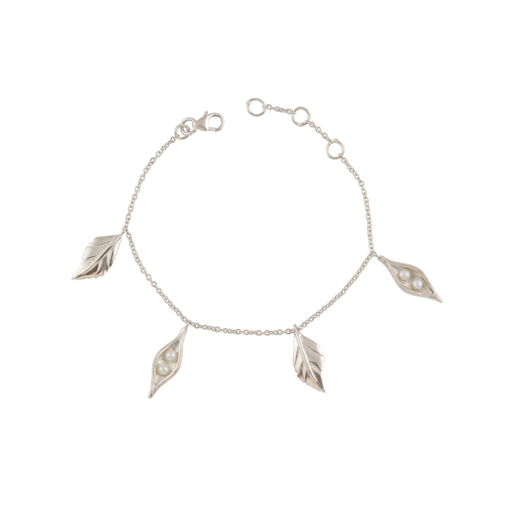 Silver Leaf & Pearl Drop Bracelet by Tavya Jewellery - side view