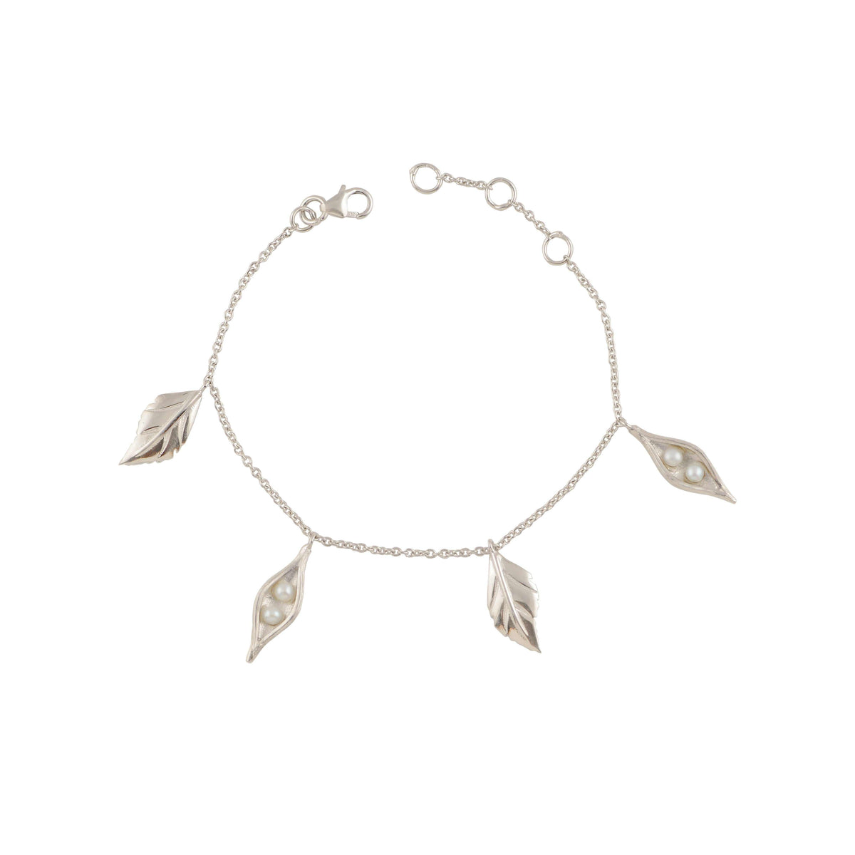 Silver Leaf & Pearl Drop Bracelet by Tavya Jewellery - side view