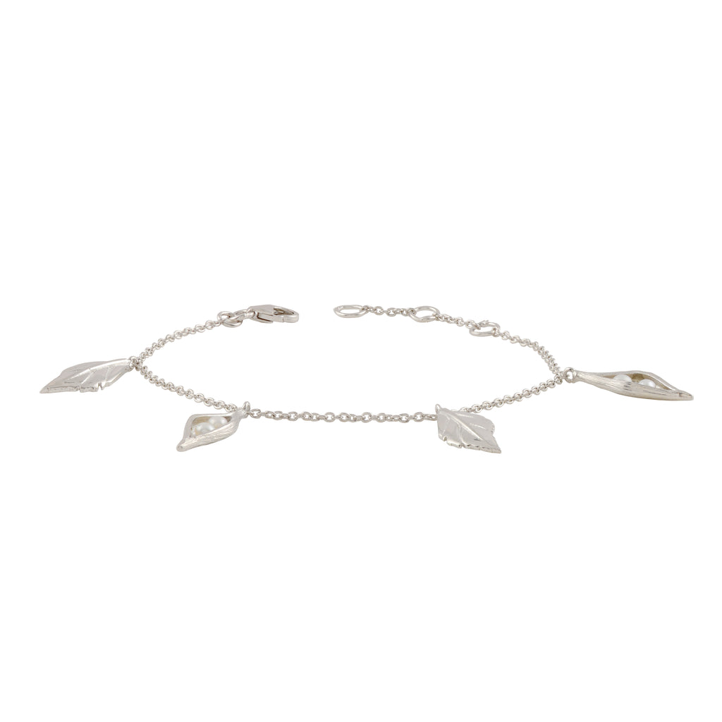 Silver Leaf & Pearl Drop Bracelet by Tavya Jewellery - front view