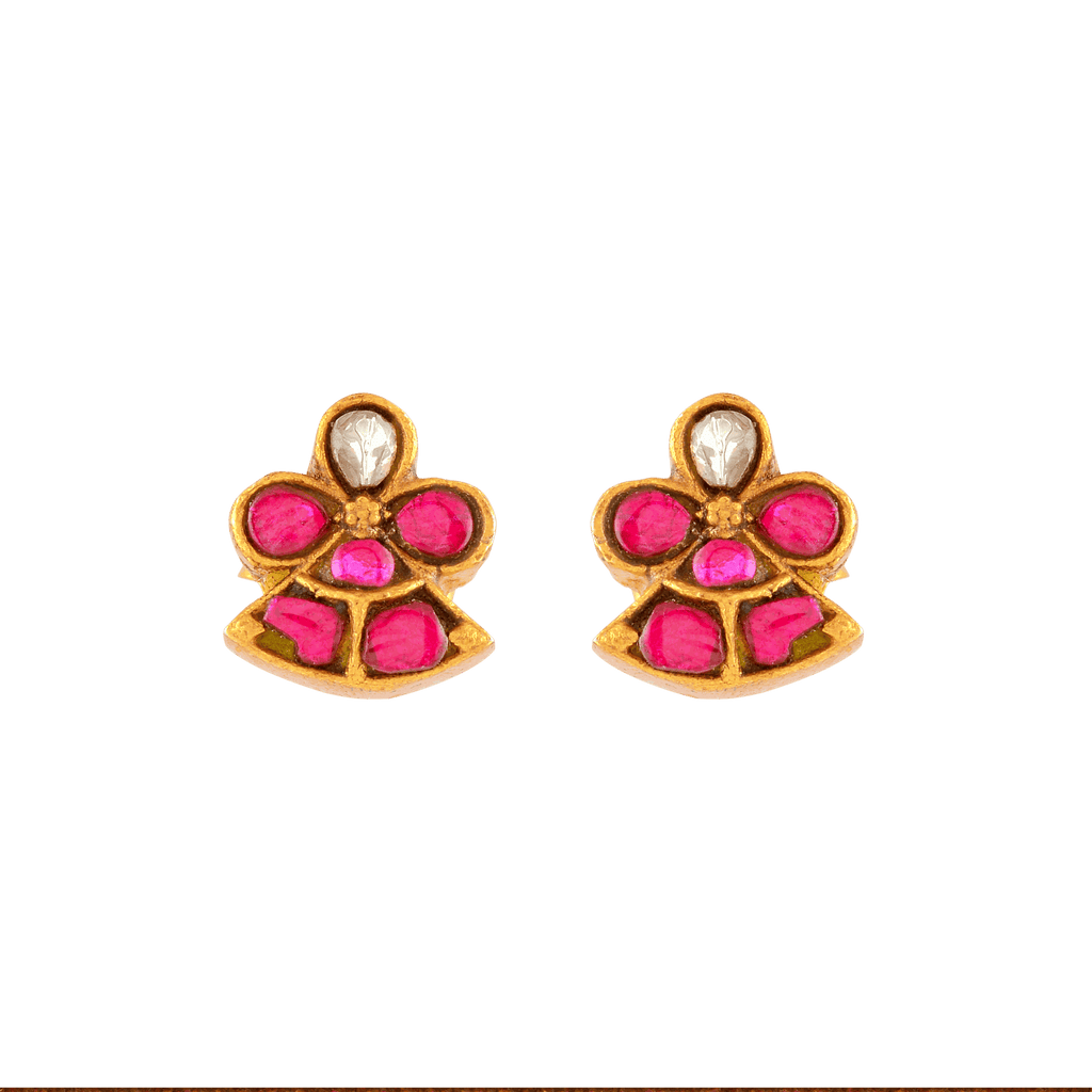 Silver Red Stone Floral Earrings by Tavya Jewellery - front view