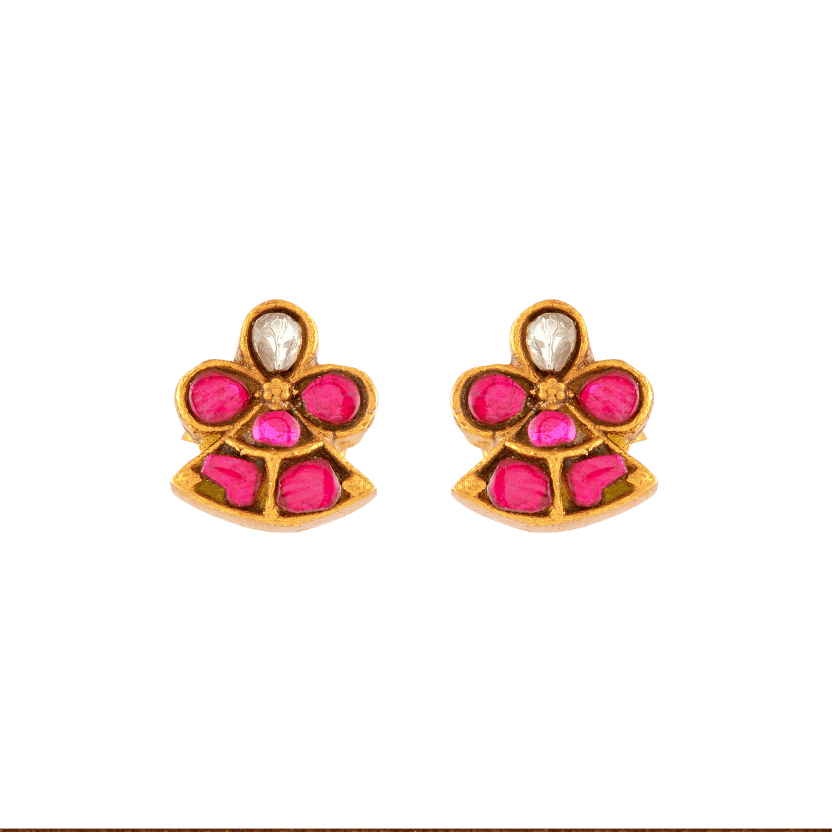Silver Red Stone Floral Earrings by Tavya Jewellery - front view
