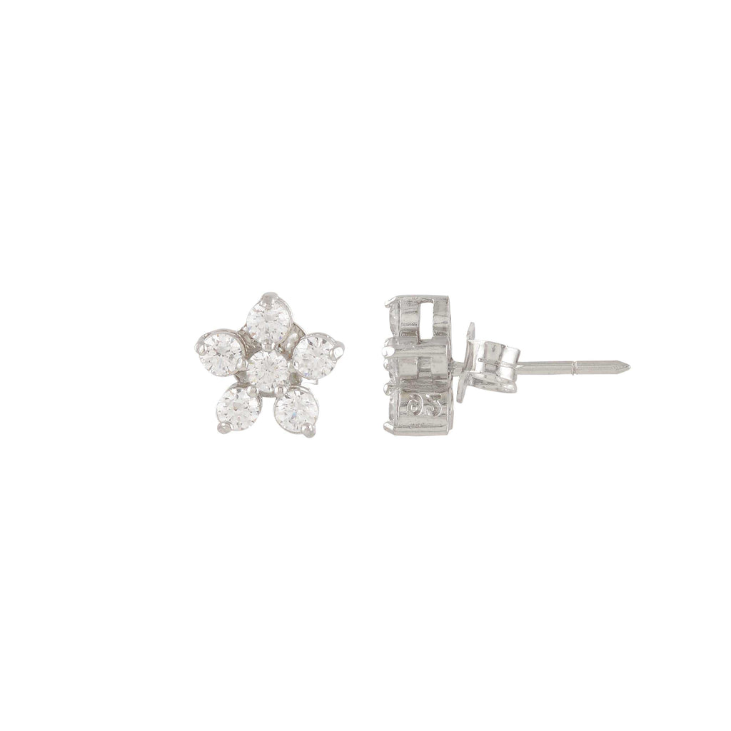 Silver Floral Stud Earrings with Sparkling CZ Accents by Tavya Jewellery - styled close-up