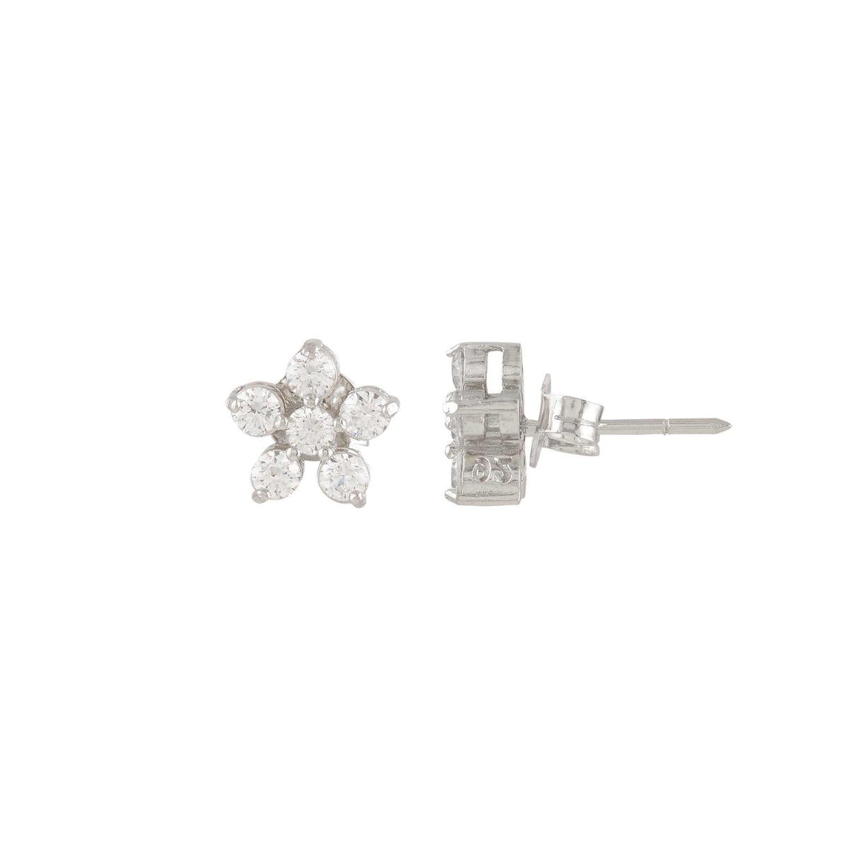 Silver Floral Stud Earrings with Sparkling CZ Accents by Tavya Jewellery - styled close-up