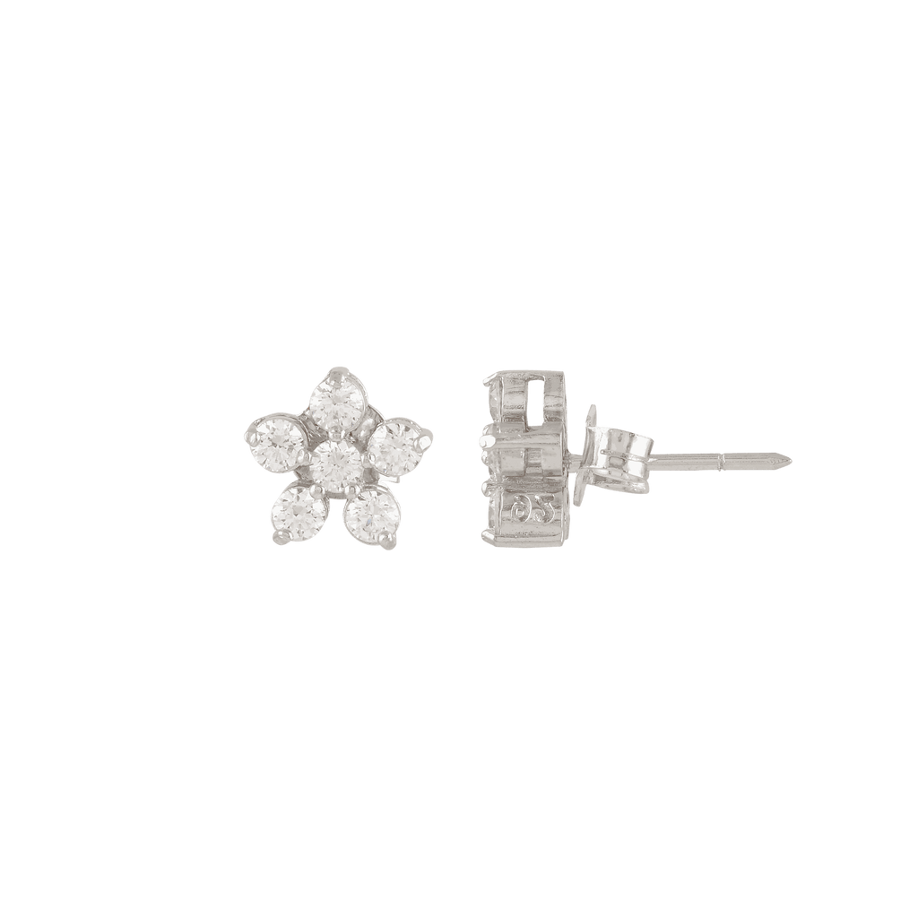 Silver Floral Stud Earrings with Sparkling CZ Accents by Tavya Jewellery - close-up detail