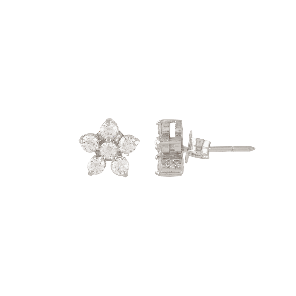 Silver Floral Stud Earrings with Sparkling CZ Accents by Tavya Jewellery - close-up detail