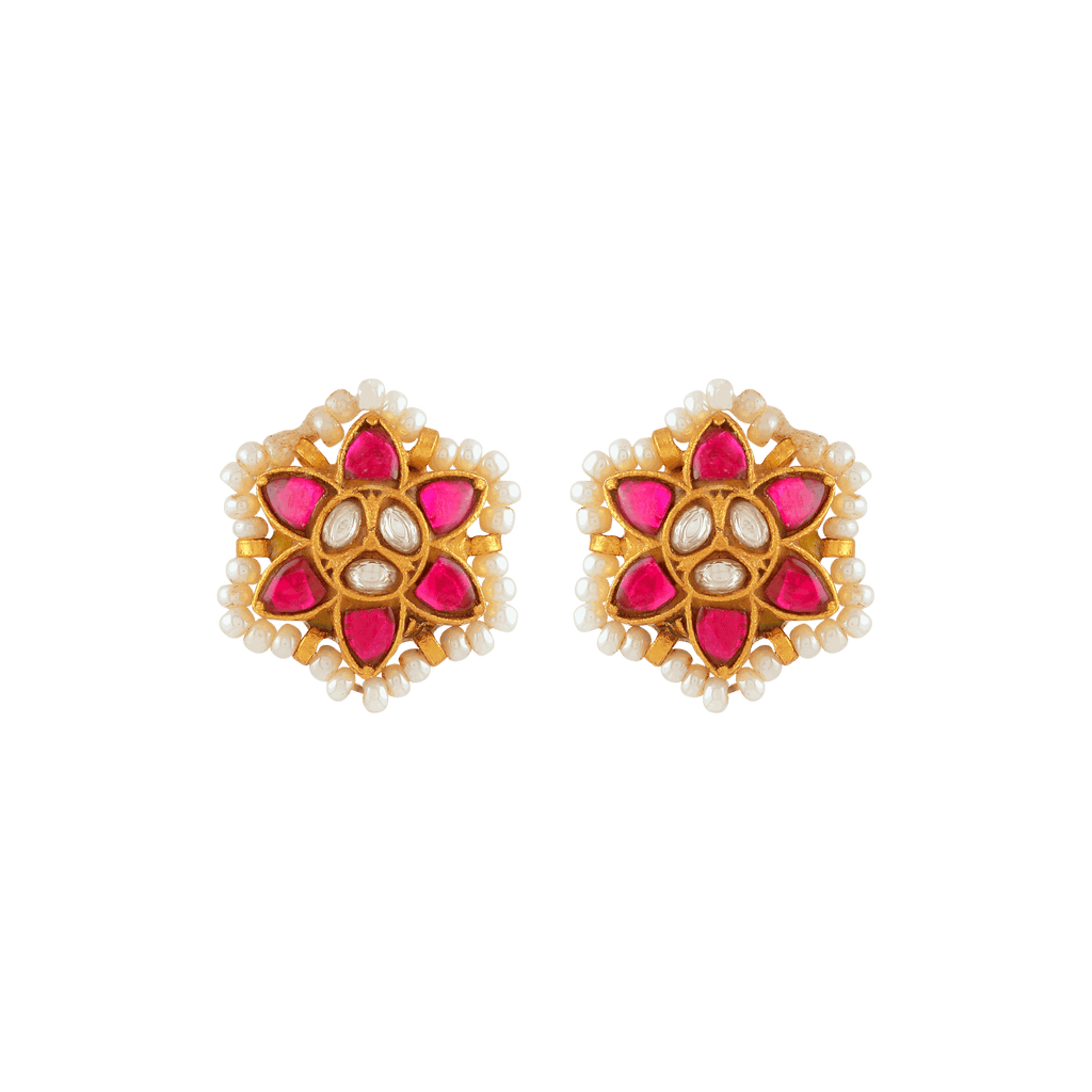 Crimson Bloom Silver Stud Earrings by Tavya Jewellery - styled close-up