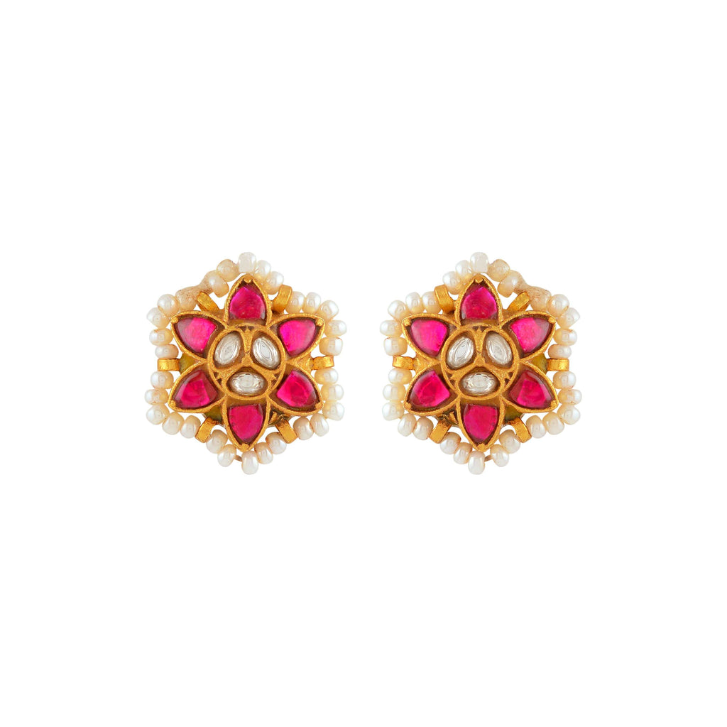 Crimson Bloom Silver Stud Earrings by Tavya Jewellery - front view