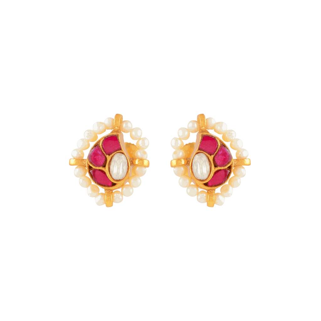 Crimson Glow Mango Pattern Silver Studs by Tavya Jewellery - styled close-up