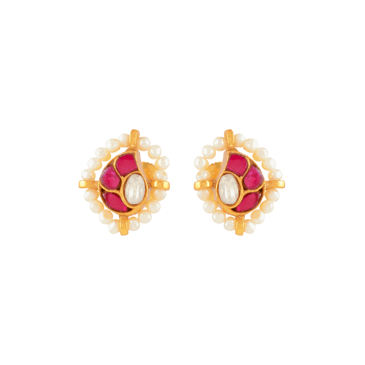 Crimson Glow Mango Pattern Silver Studs by Tavya Jewellery - styled close-up