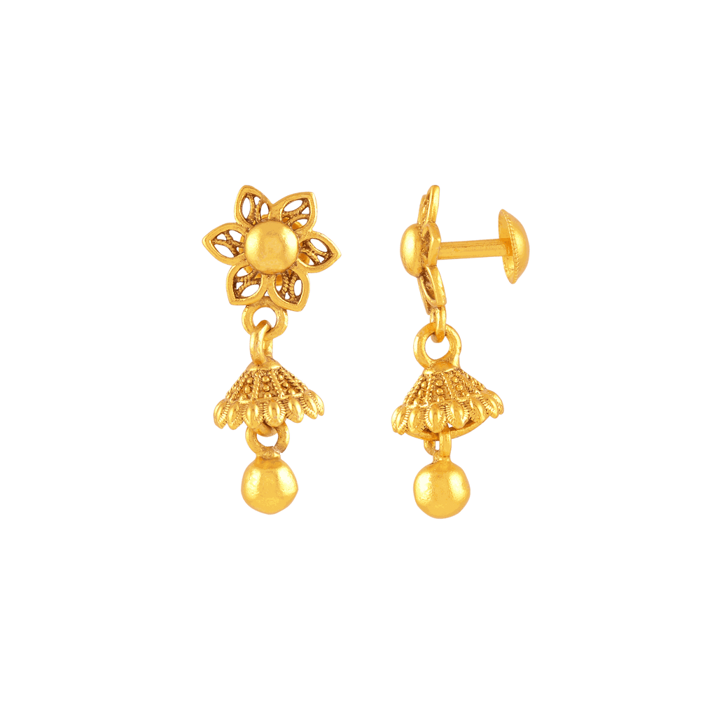 Floral Gold-Plated Silver Jhumka Drops by Tavya Jewellery - styled close-up