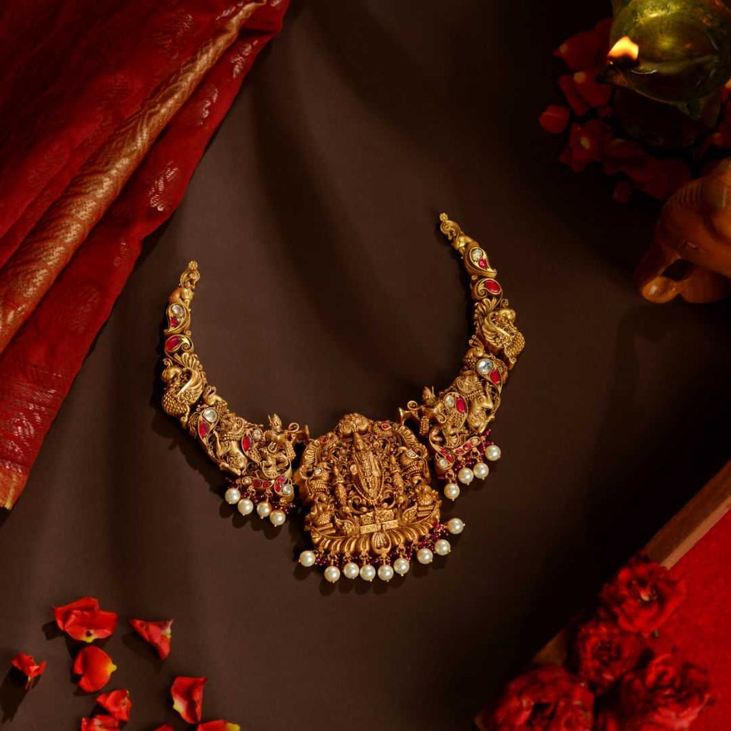 92.5 Silver Temple Necklace with Lord Balaji, Peacock & Pearl Drops by Tavya Jewellery - front view