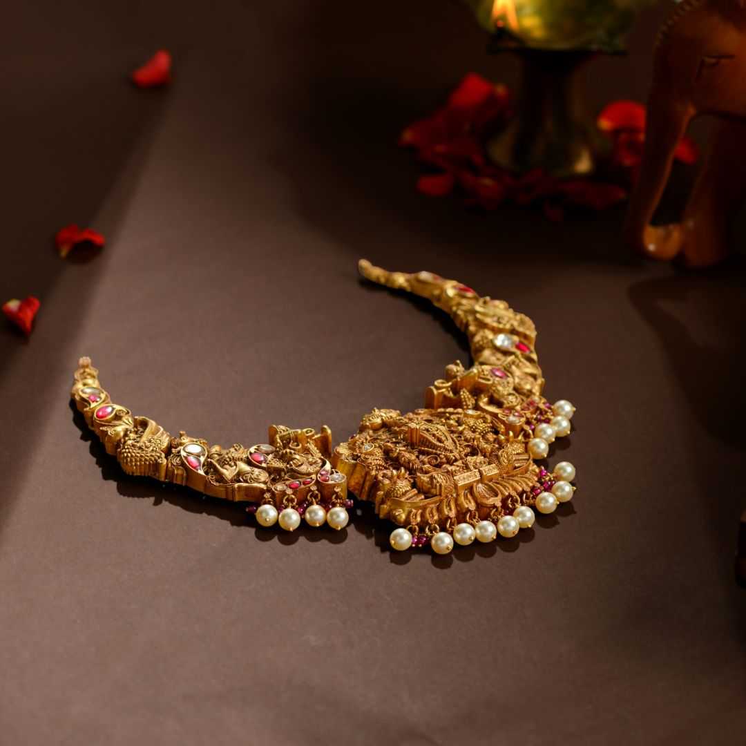 92.5 Silver Temple Necklace with Lord Balaji, Peacock & Pearl Drops by Tavya Jewellery - side view