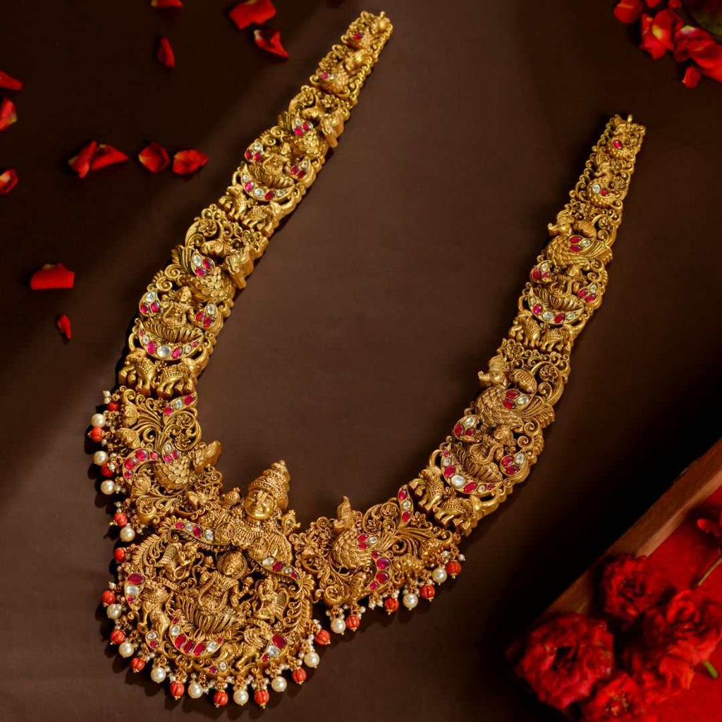 Silver Temple Necklace with Lord Balaji, Goddess Lakshmi, Peacock & Elephant Motifs by Tavya Jewellery - front view