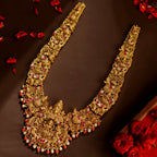 Silver Temple Necklace with Lord Balaji, Goddess Lakshmi, Peacock & Elephant Motifs by Tavya Jewellery - front view