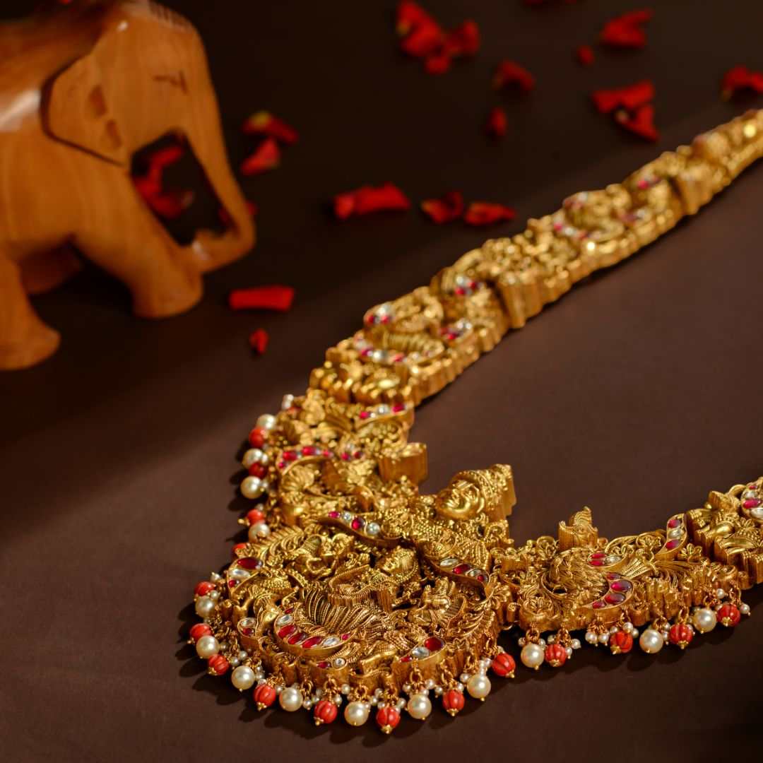 Silver Temple Necklace with Lord Balaji, Goddess Lakshmi, Peacock & Elephant Motifs by Tavya Jewellery - side view