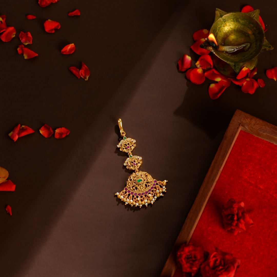 92.5 Silver Temple Maang Tikka with Ruby, Emerald & Pearl Drops by Tavya Jewellery - front view