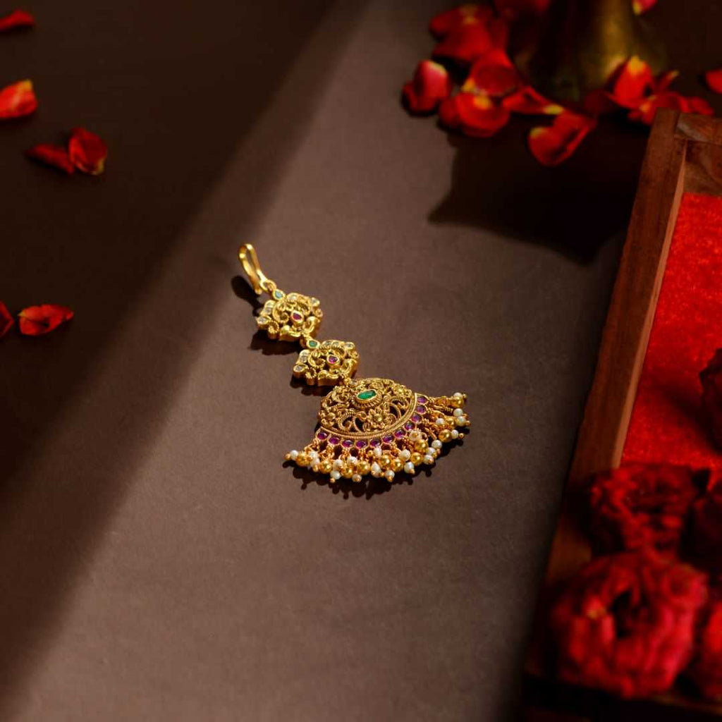 92.5 Silver Temple Maang Tikka with Ruby, Emerald & Pearl Drops by Tavya Jewellery - side view