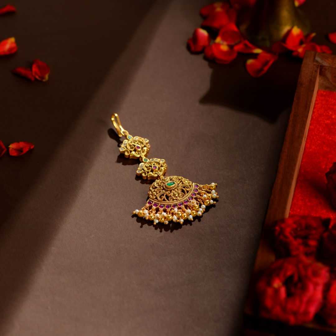 92.5 Silver Temple Maang Tikka with Ruby, Emerald & Pearl Drops by Tavya Jewellery - side view