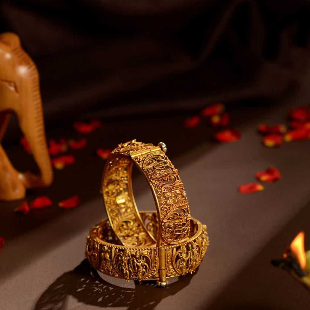 92.5 Silver Temple Kada Bangles with Krishna & Peacock Motifs by Tavya Jewellery - side view