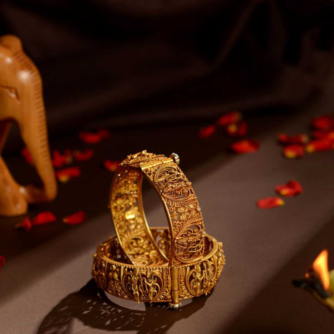 92.5 Silver Temple Kada Bangles with Krishna & Peacock Motifs by Tavya Jewellery - side view