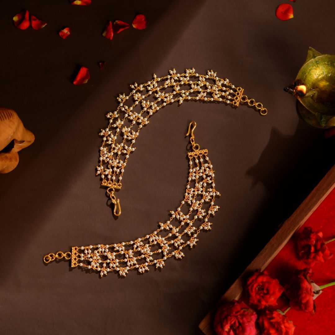 Designer Pearl Silver Ear Chain Matils by Tavya Jewellery - front view