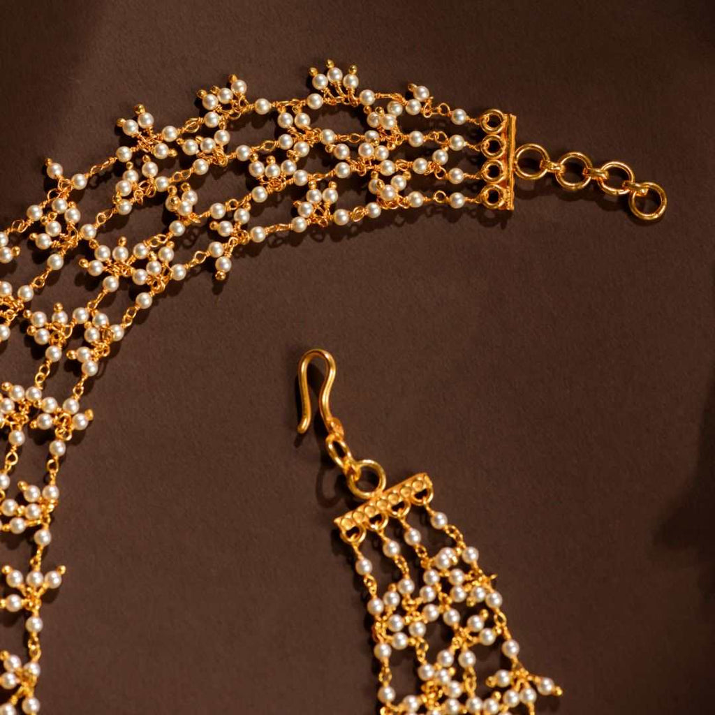 Designer Pearl Silver Ear Chain Matils by Tavya Jewellery - side view