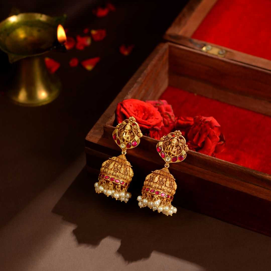 92.5 Silver Temple Jhumka Earrings with Balaji & Garuda Motif by Tavya Jewellery - side view
