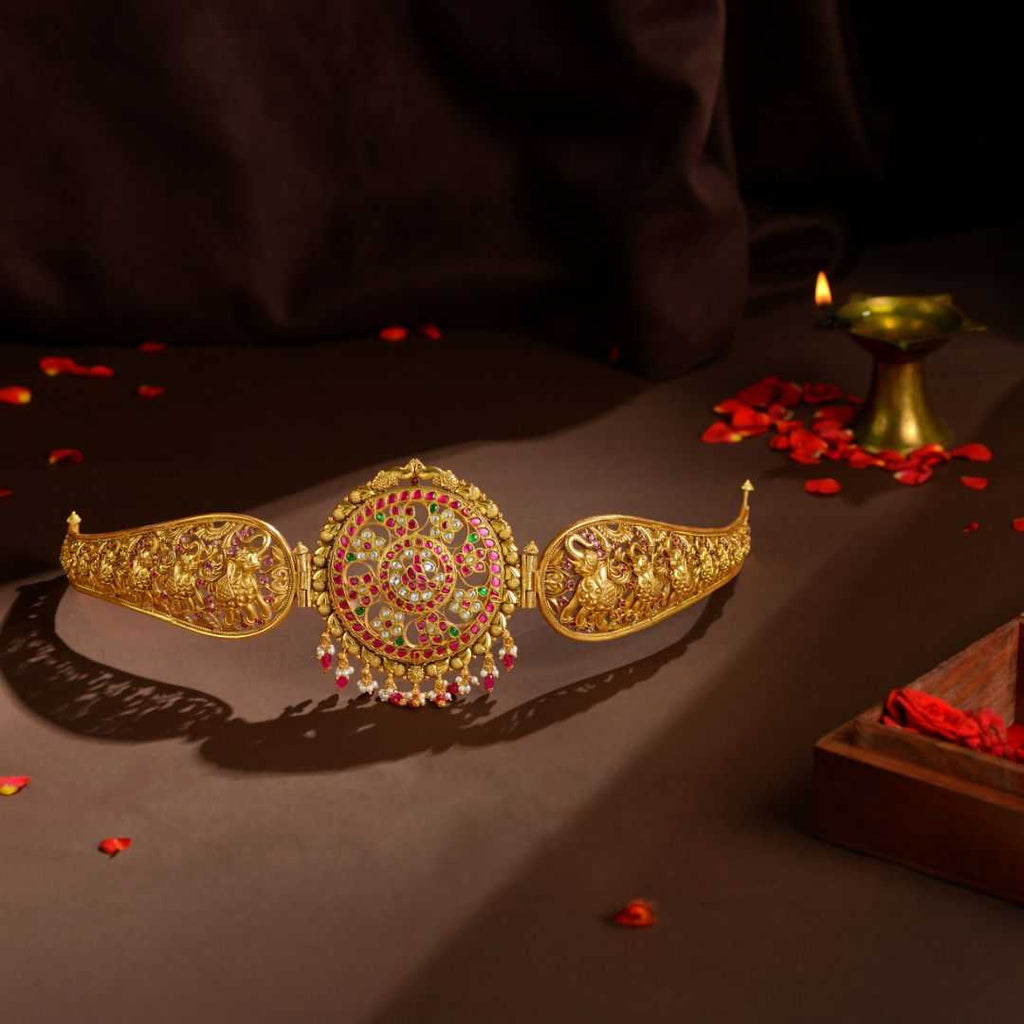 92.5 Silver Temple Vaddanam with Intricate Peacock & Floral Design by Tavya Jewellery - front view
