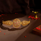 92.5 Silver Temple Vaddanam with Intricate Peacock & Floral Design by Tavya Jewellery - front view
