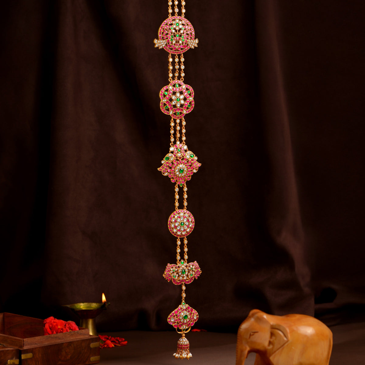 92.5 Silver Royal Kundan Jada Billa by Tavya Jewellery - front view