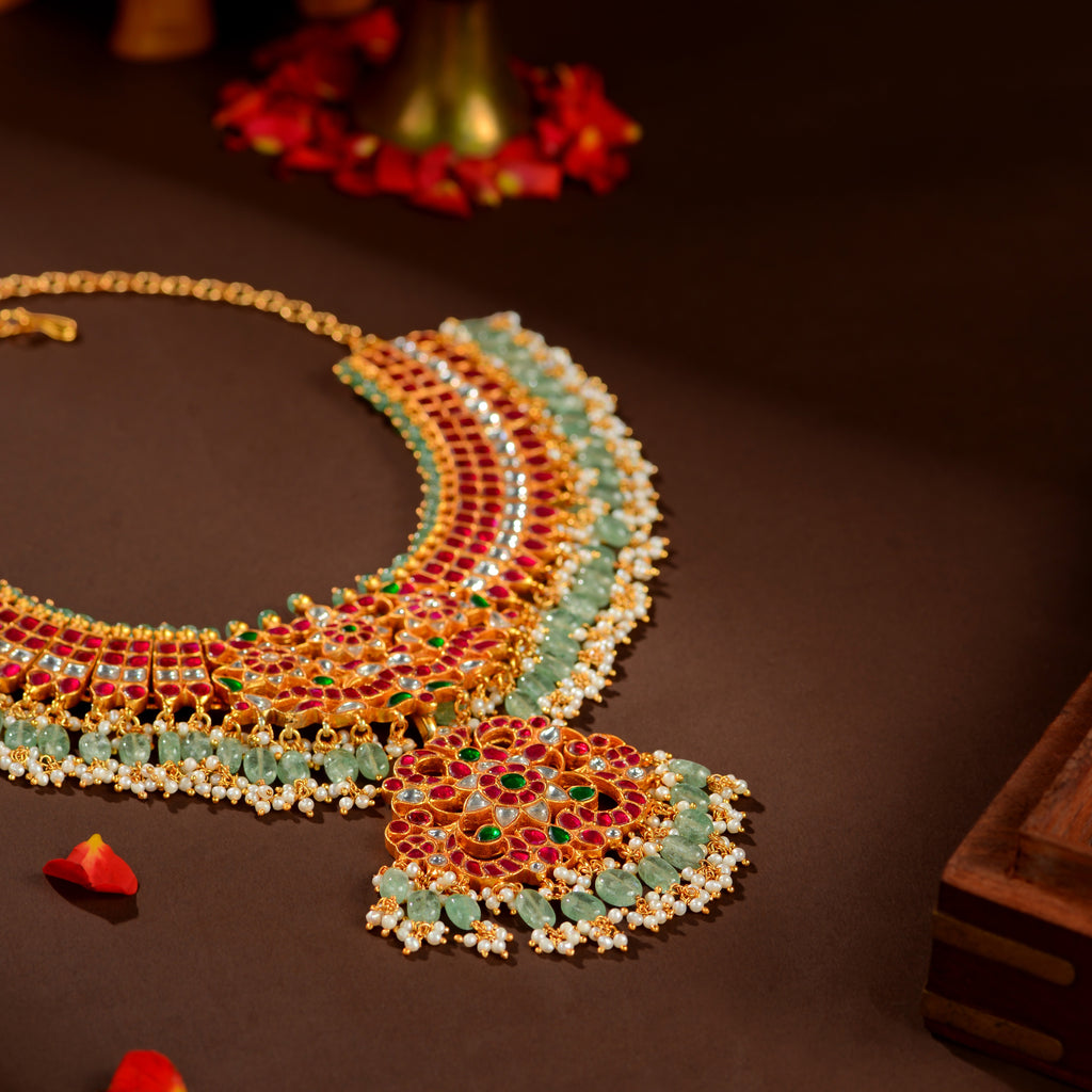 Kundan Emerald Designer Necklace cum Choker by Tavya Jewellery - side view
