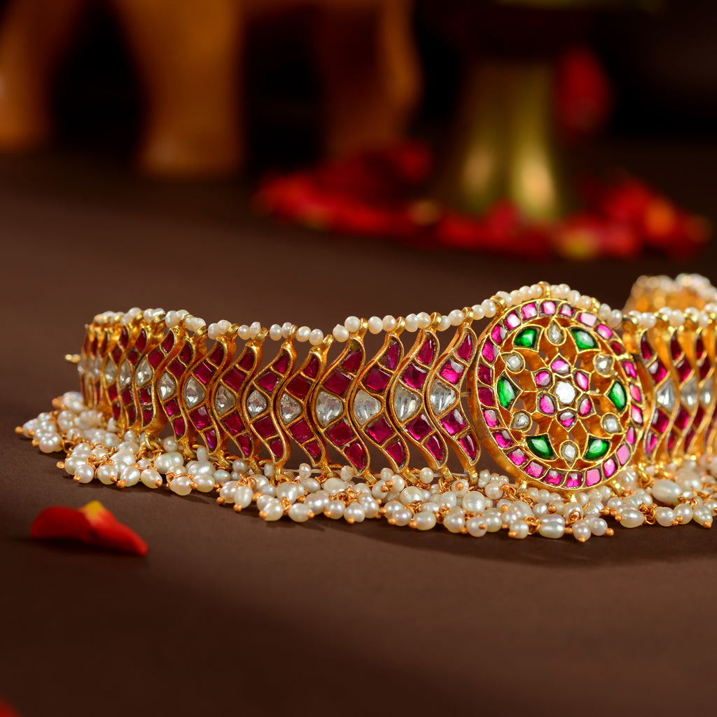 Kundan Pearl Embellished Designer Choker by Tavya Jewellery - side view