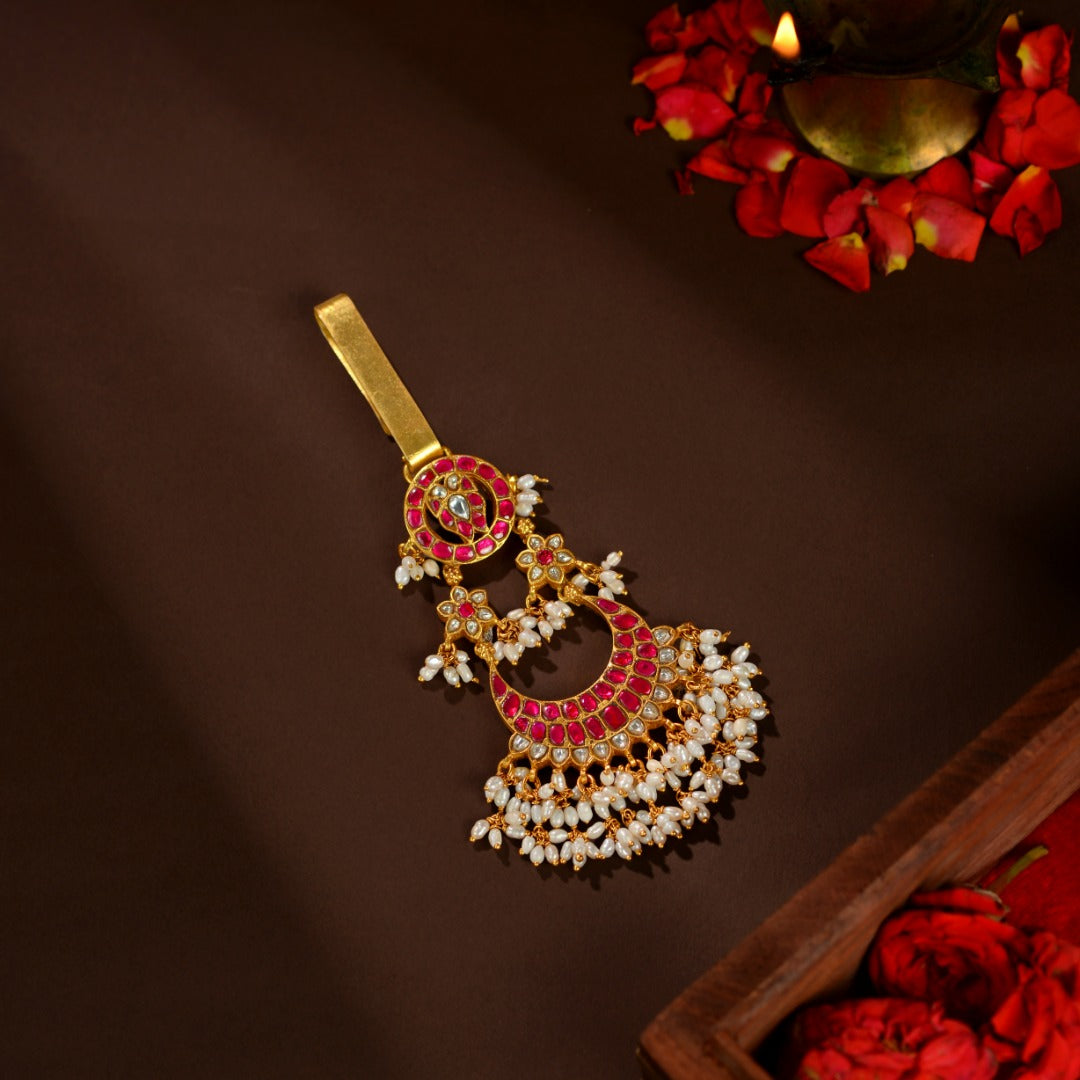 92.5 Silver Kundan Pearl Kamarband Latkan by Tavya Jewellery - front view
