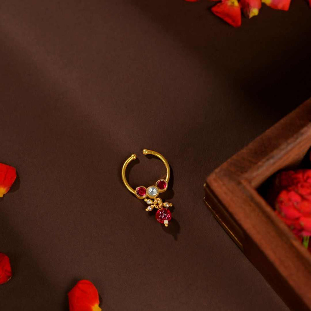 92.5 Silver Ruby Stone Nose Ring with Pearl Dangles by Tavya Jewellery - side view