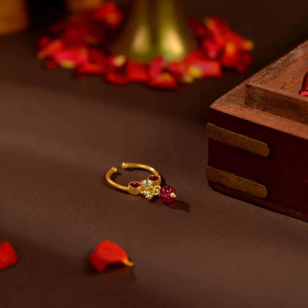 92.5 Silver Ruby Stone Nose Ring with Pearl Dangles by Tavya Jewellery - front view