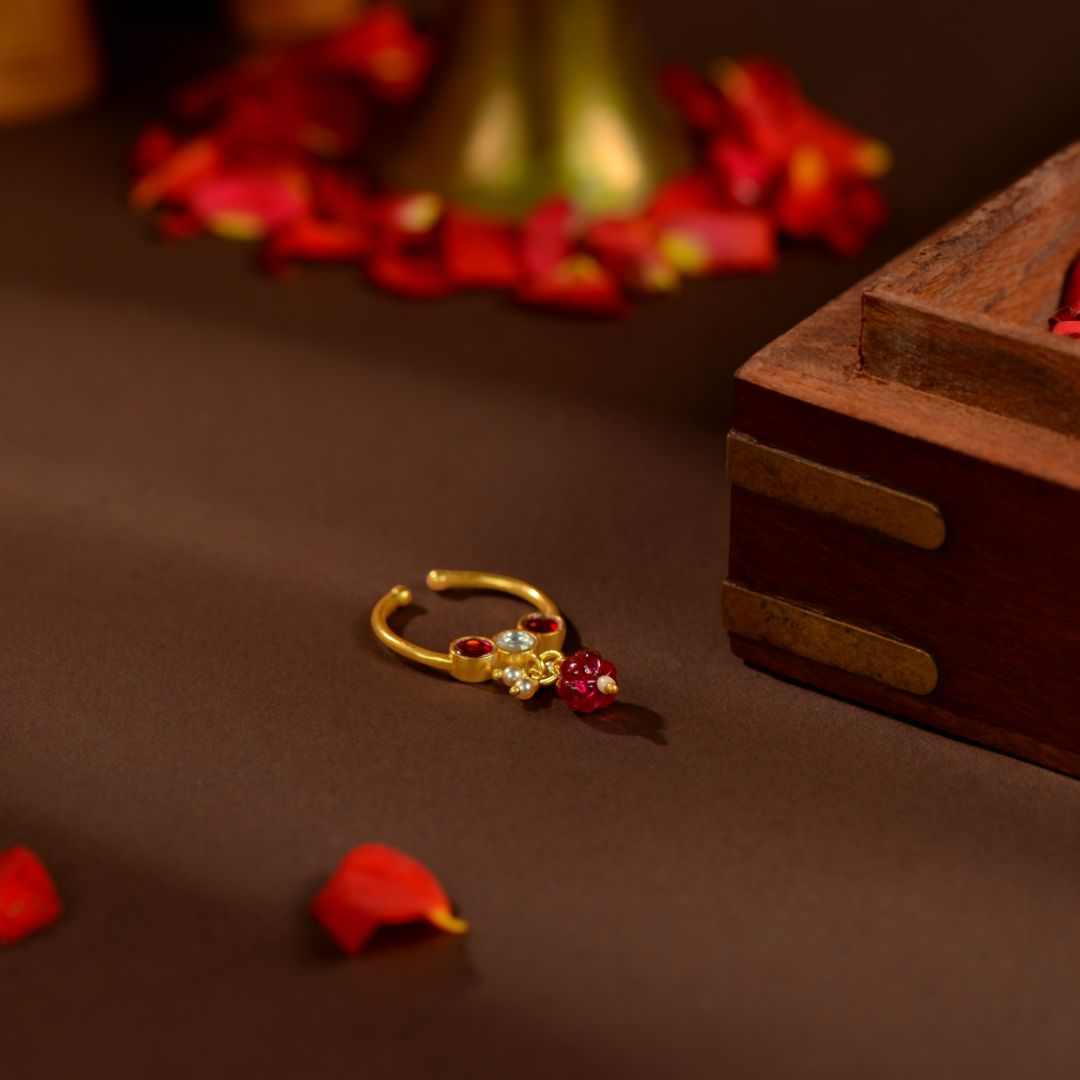 92.5 Silver Ruby Stone Nose Ring with Pearl Dangles by Tavya Jewellery - front view