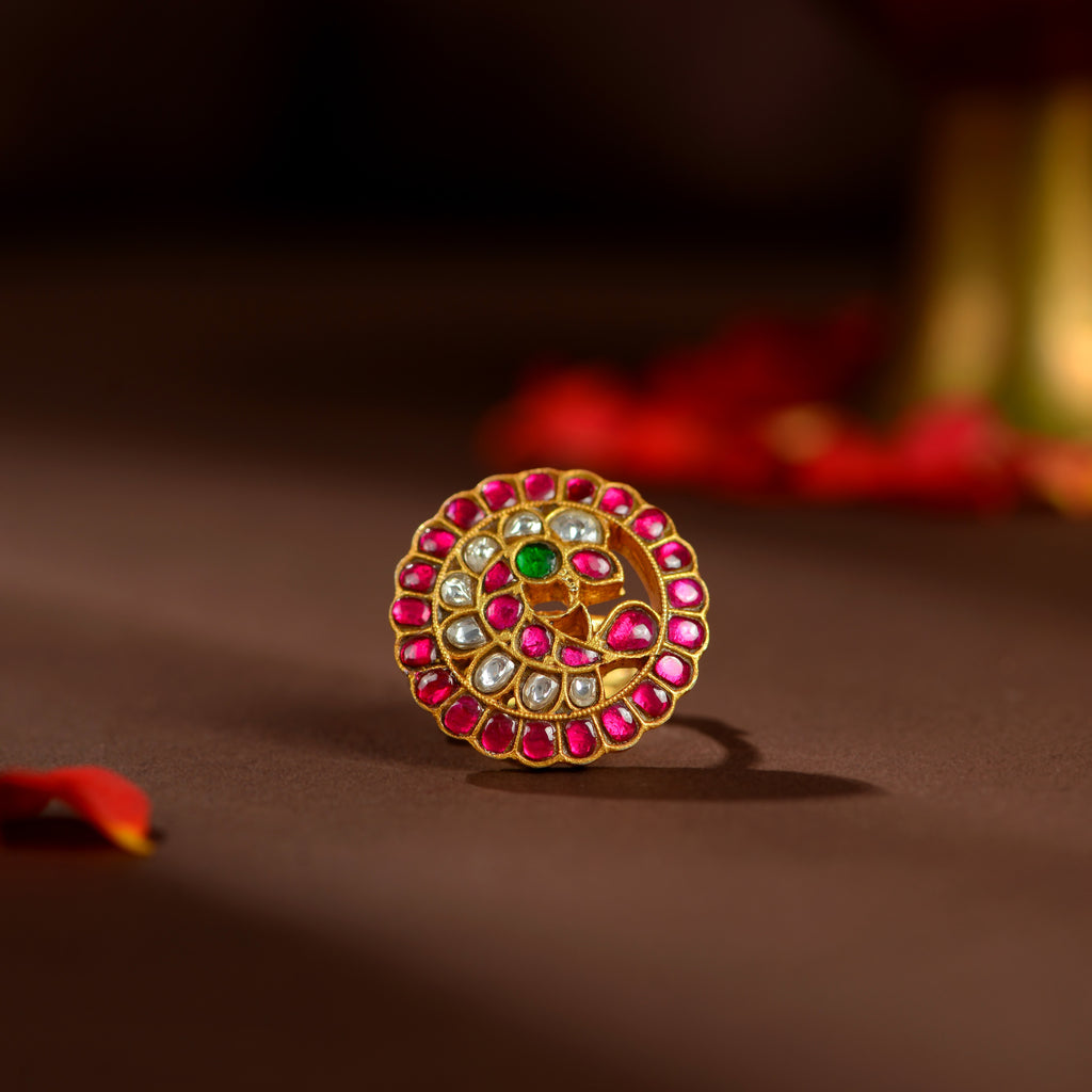 Kundan Ruby Floral Statement Ring by Tavya Jewellery - front view