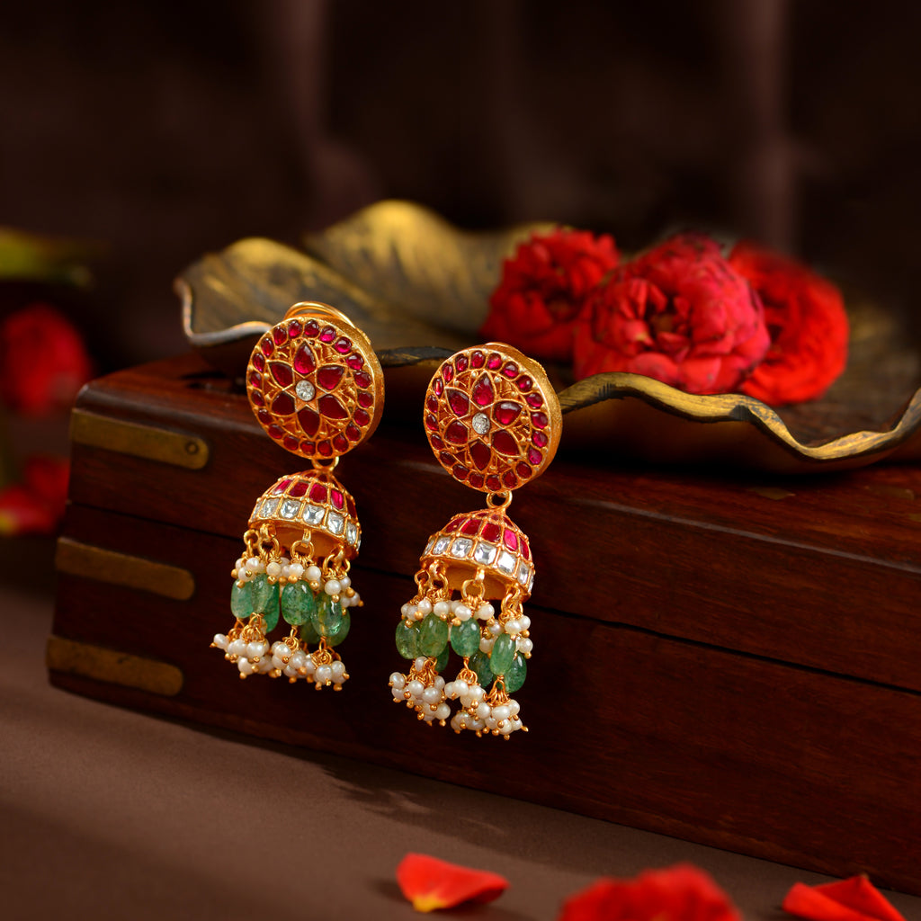 Kundan Ruby Emerald Pearl Jhumka Earrings by Tavya Jewellery - front view