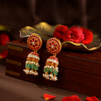 Kundan Ruby Emerald Pearl Jhumka Earrings by Tavya Jewellery - front view