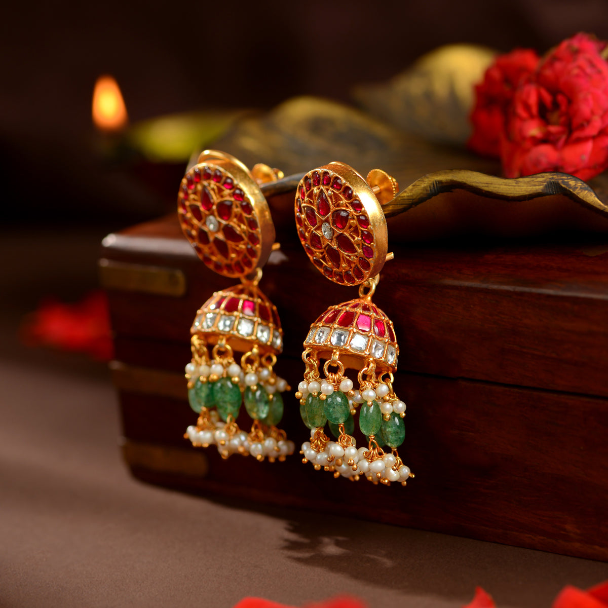 Kundan Ruby Emerald Pearl Jhumka Earrings by Tavya Jewellery - side view