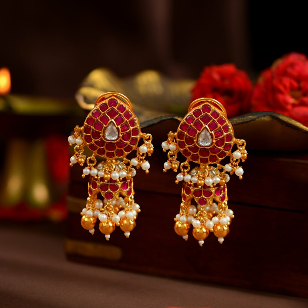 92.5 Silver Kundan Ruby Jhumka Earrings by Tavya Jewellery - front view