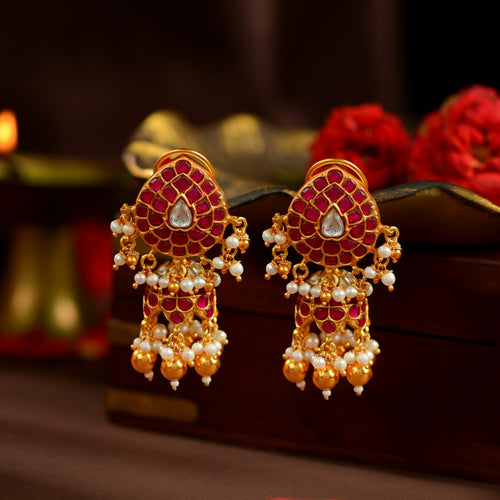 92.5 Silver Kundan Ruby Jhumka Earrings by Tavya Jewellery - front view