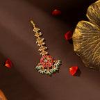 Ruby Emerald Pearl Maang Tikka by Tavya Jewellery - front view
