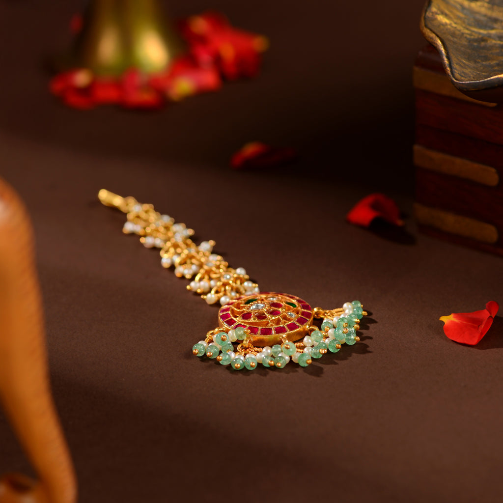 Ruby Emerald Pearl Maang Tikka by Tavya Jewellery - side view