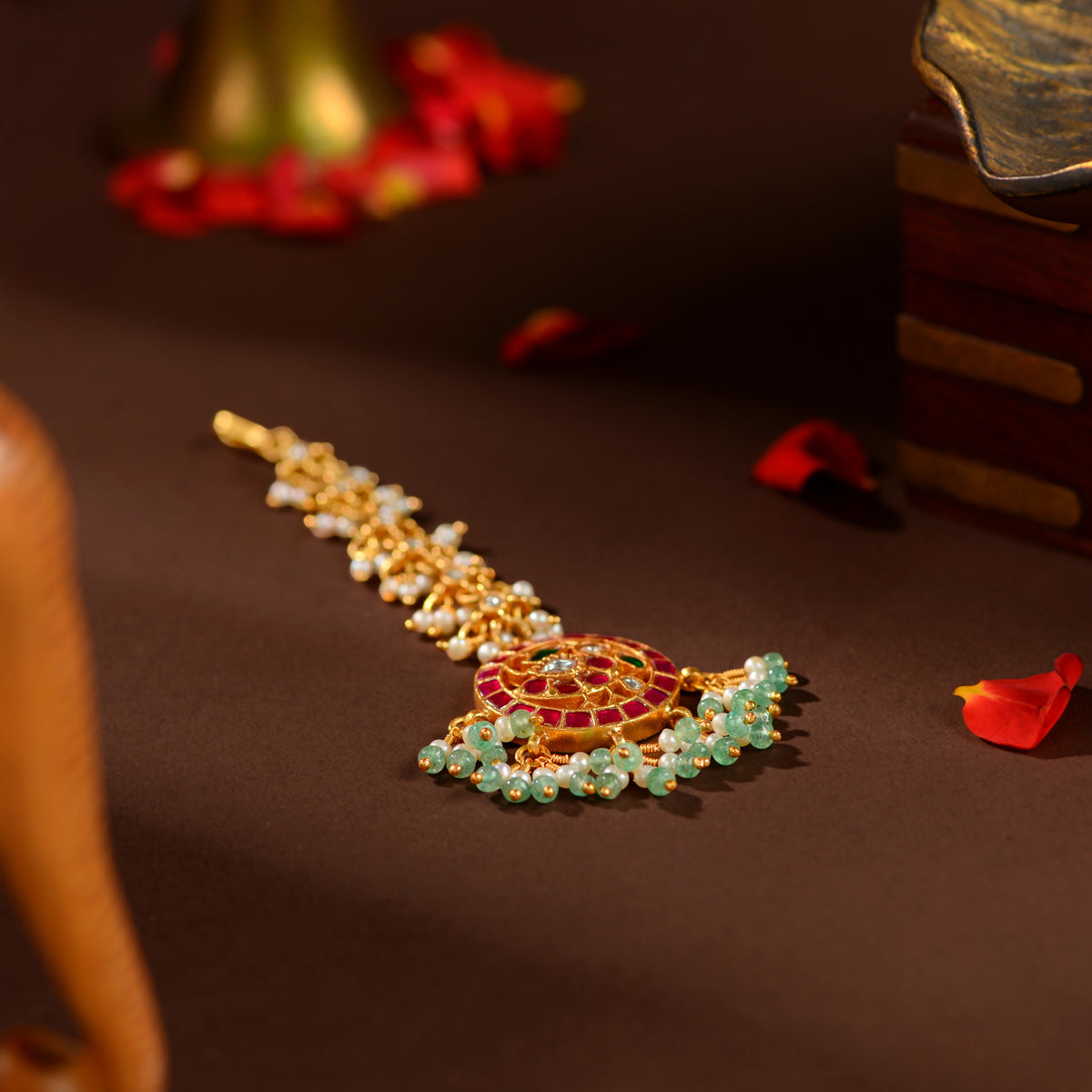 Ruby Emerald Pearl Maang Tikka by Tavya Jewellery - side view