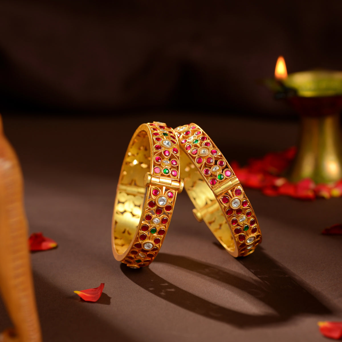 Ruby Emerald Floral Kundan Bangles by Tavya Jewellery - front view