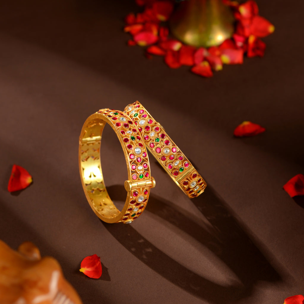 Ruby Emerald Floral Kundan Bangles by Tavya Jewellery - side view