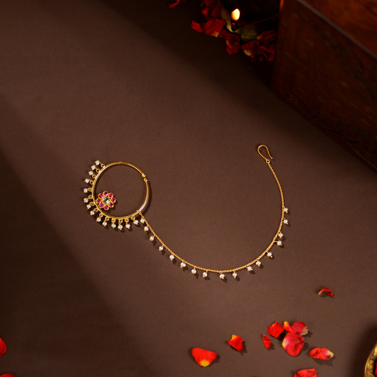 Ruby Kundan Pearl Nath by Tavya Jewellery - front view