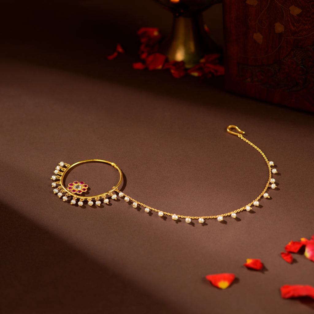 Ruby Kundan Pearl Nath by Tavya Jewellery - side view
