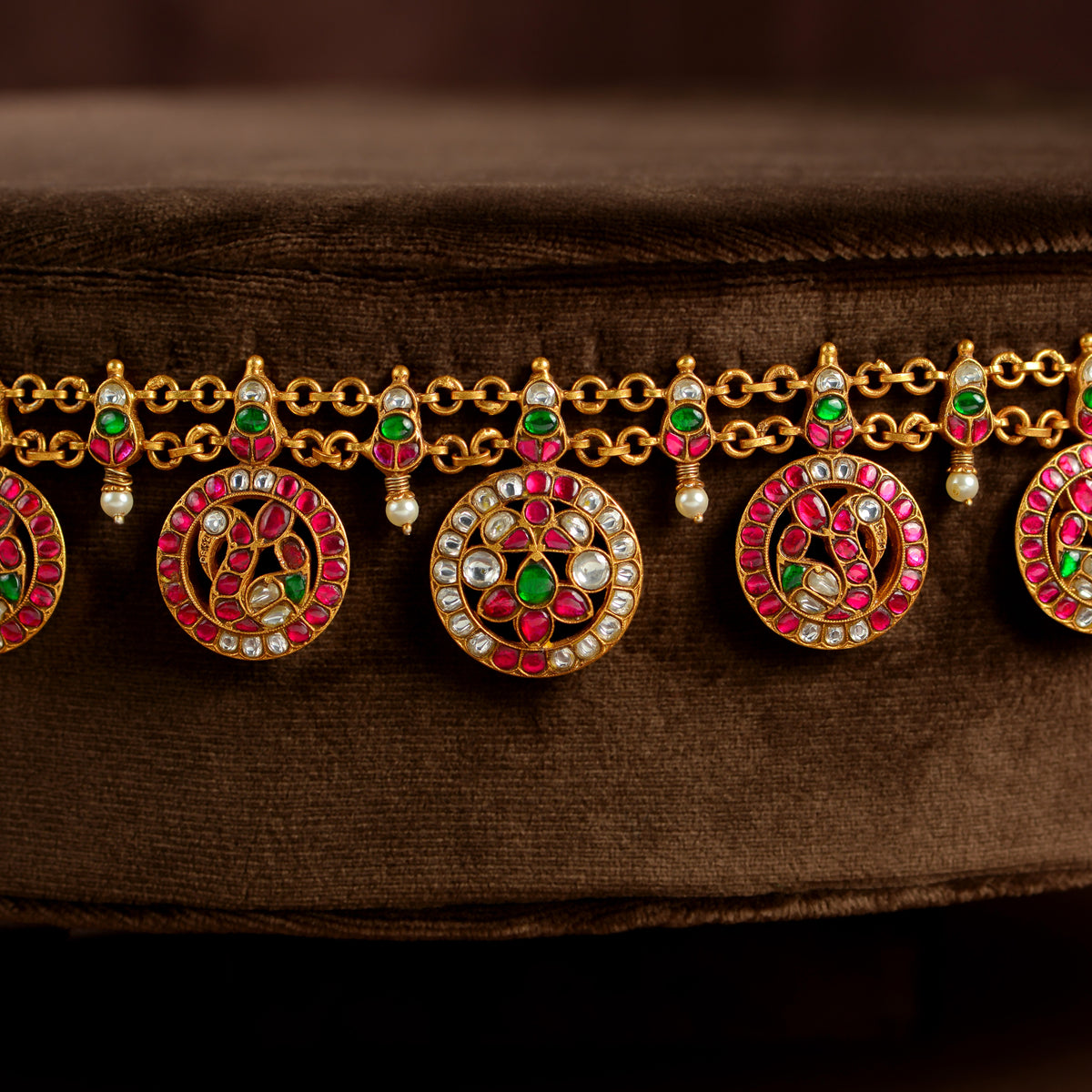 Ruby Emerald Kundan Vaddanam by Tavya Jewellery - side view